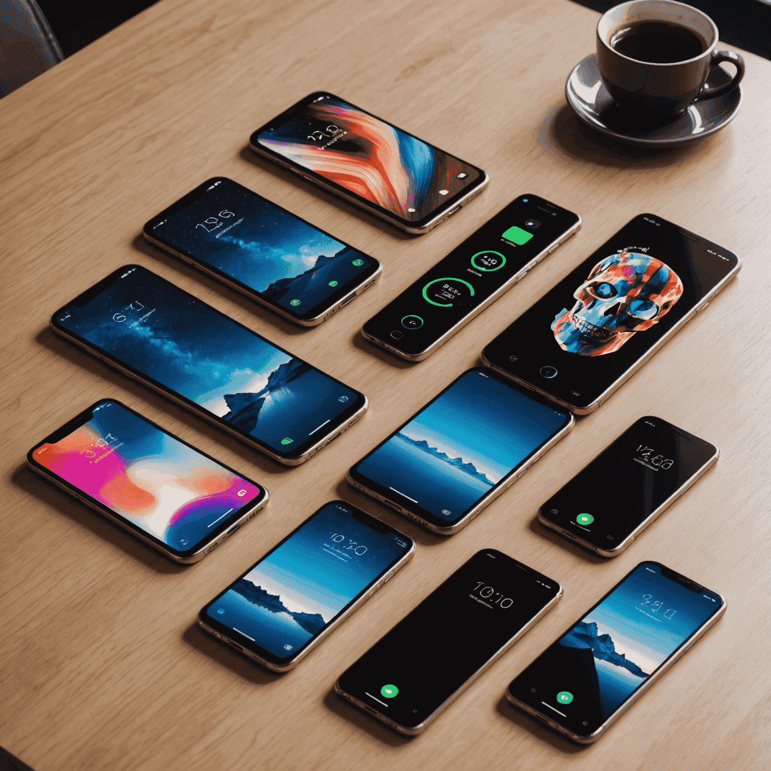 Various new smartphone models displayed on a sleek, modern table with specs floating around them