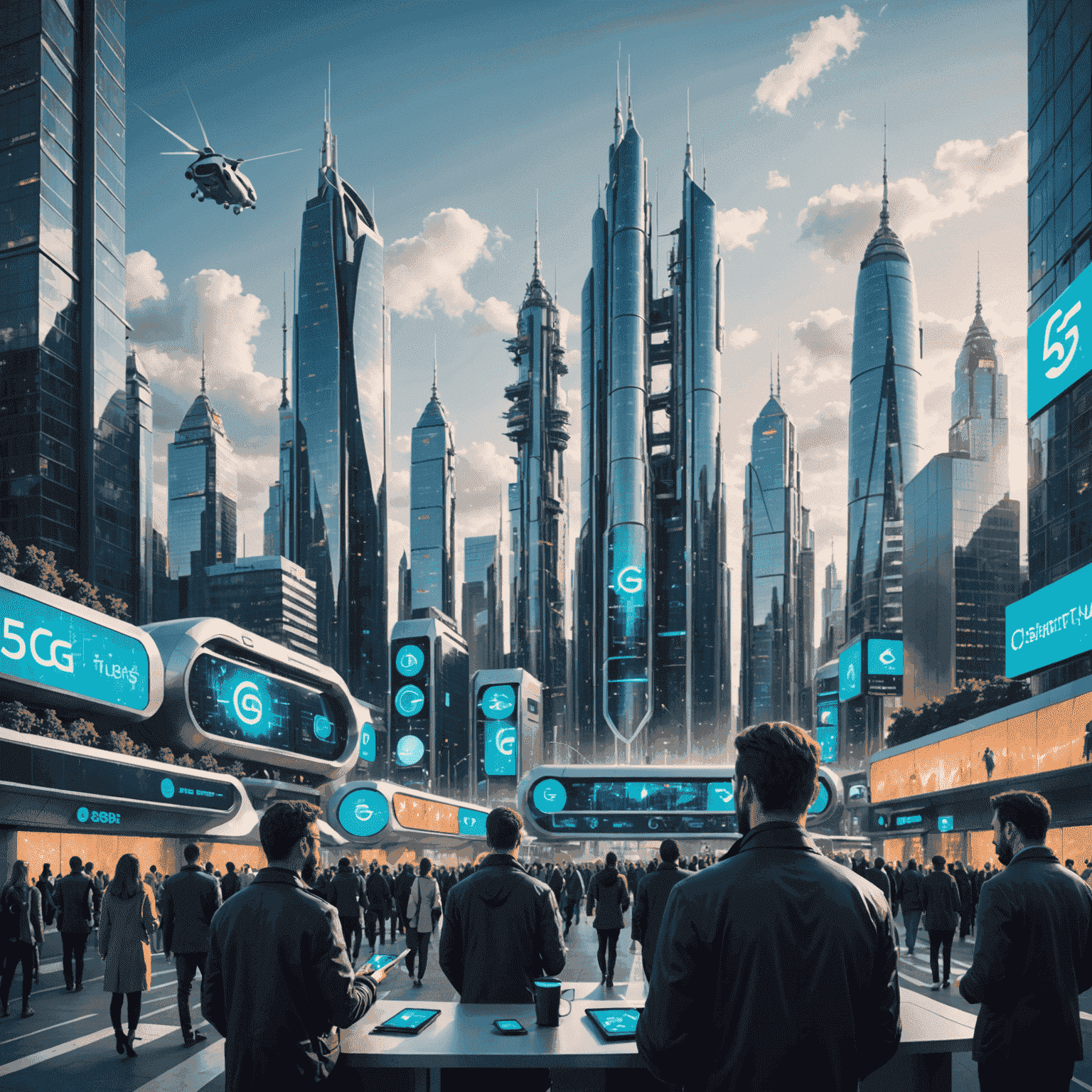 A futuristic cityscape with 5G towers and people using advanced mobile devices, showcasing the widespread implementation of 5G technology