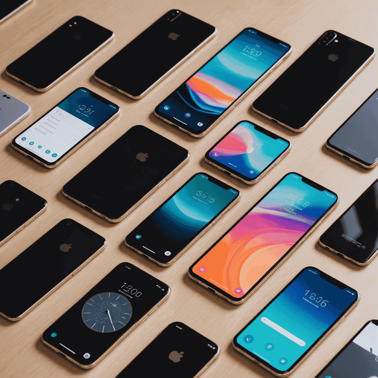 A collection of the latest smartphone models displayed on a sleek, modern table. The phones are arranged neatly, showcasing their slim designs and vibrant screens.