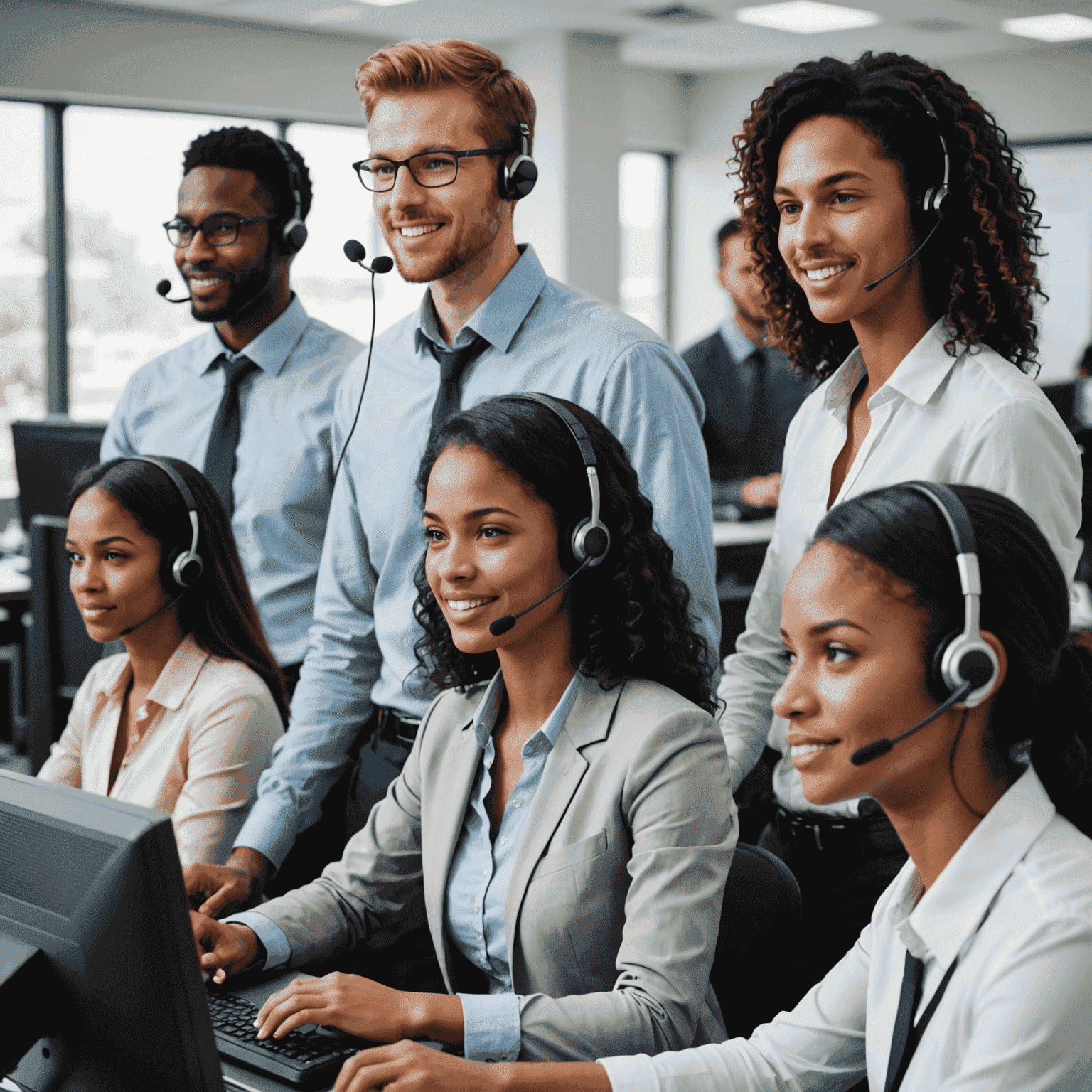 A team of diverse customer support representatives working in a modern call center environment, symbolizing 24/7 availability for mobile communication support