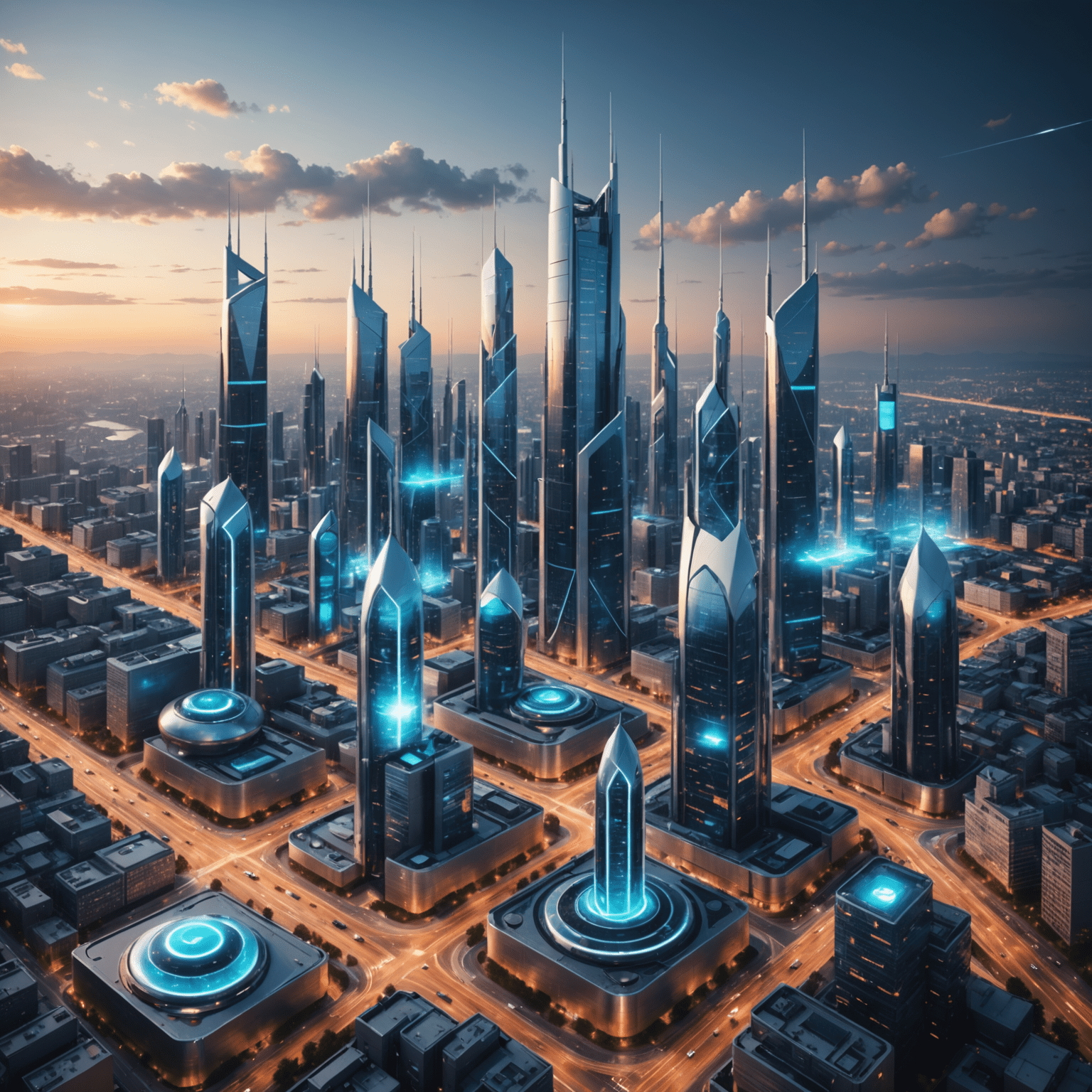 Futuristic cityscape with 5G towers and devices showing high-speed connections