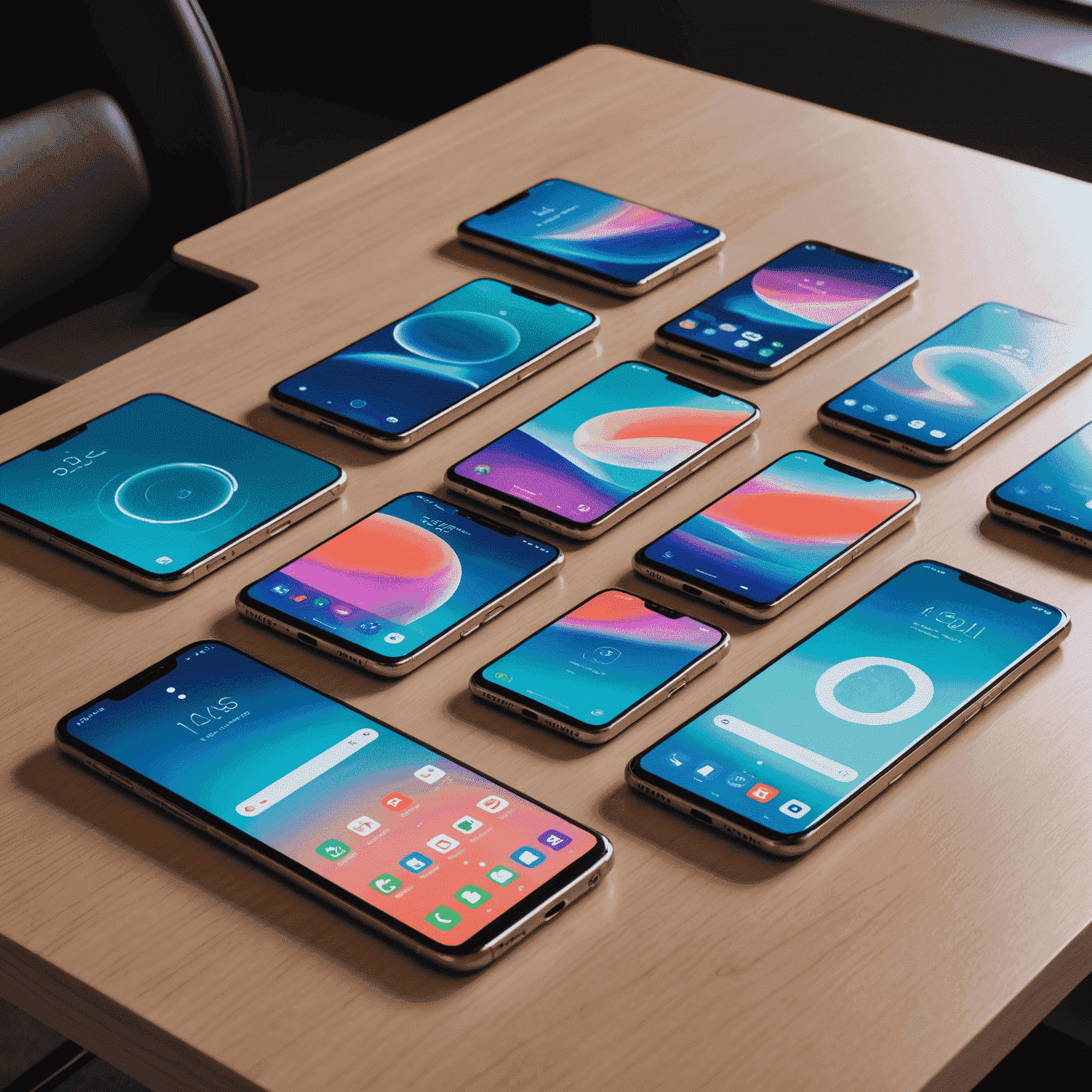 A collection of latest 5G-compatible smartphones displayed on a sleek, modern table with holographic specs floating above each device