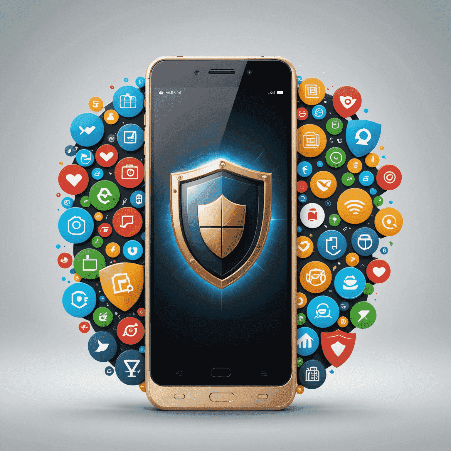 Smartphone with a shield icon and various security symbols floating around it