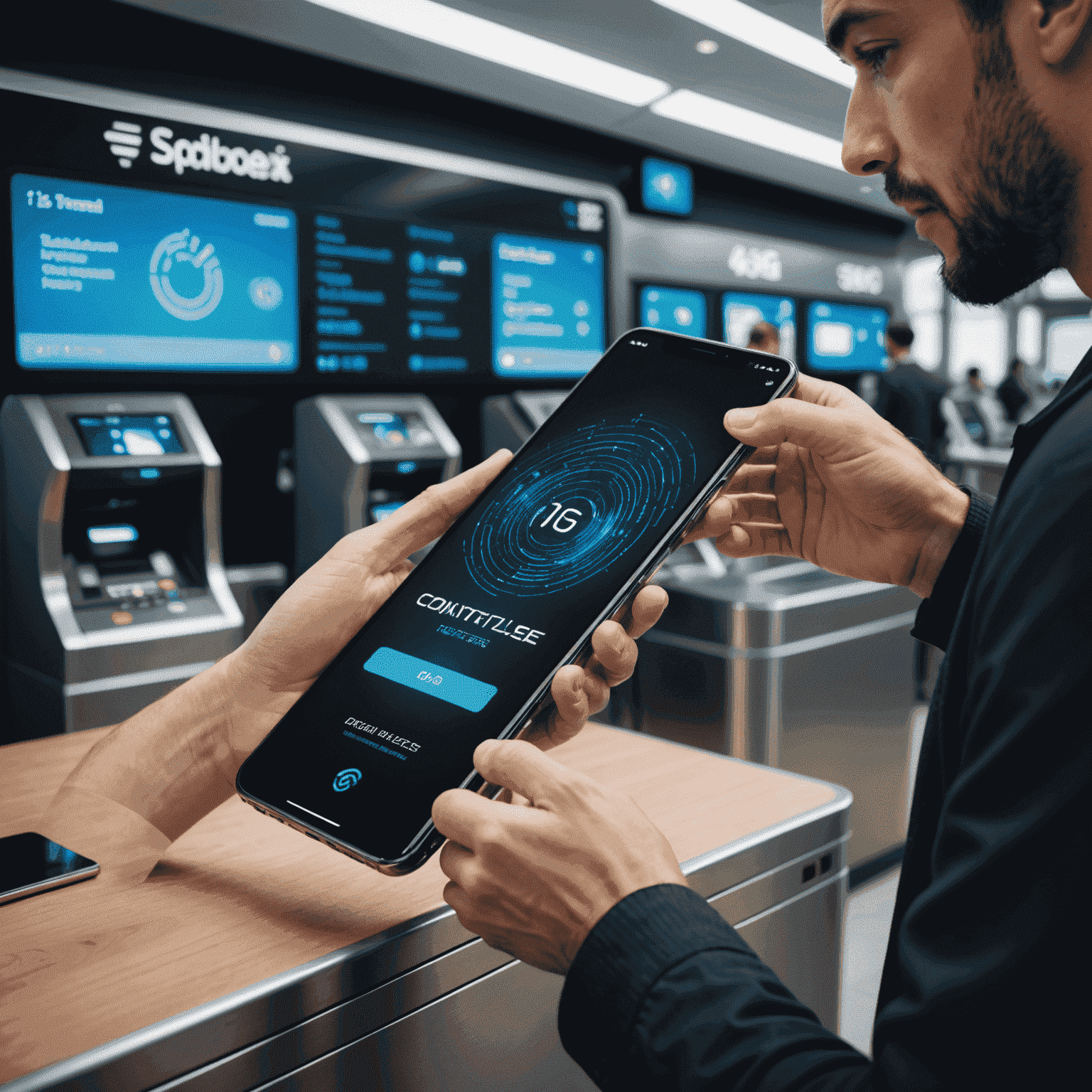 A person using a smartphone to make a contactless payment at a futuristic-looking terminal, with 5G symbols and speed lines indicating fast transaction processing