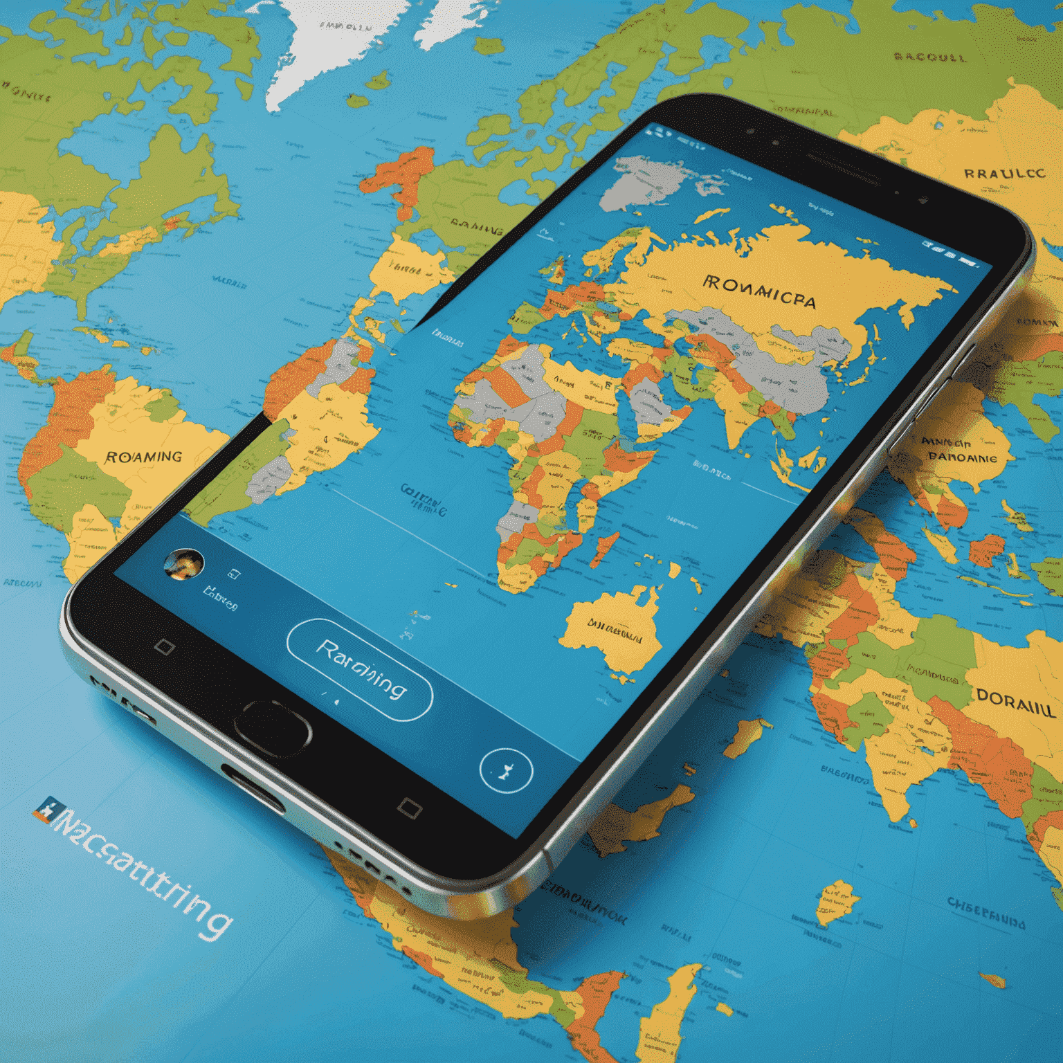 A world map with highlighted countries and a smartphone showing roaming options