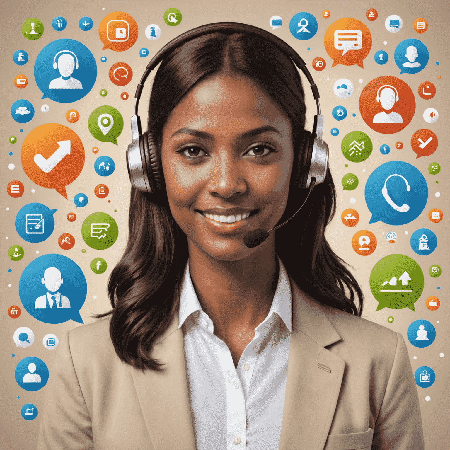 A friendly customer support representative with a headset, surrounded by various communication icons